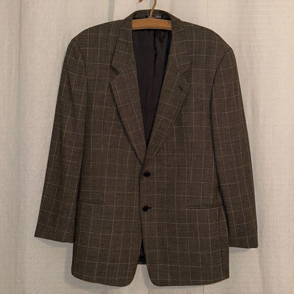 MANI SAKS 44L Brown Plaid Mini Houndstooth Pure Virgin Wool Blazer Jacket
